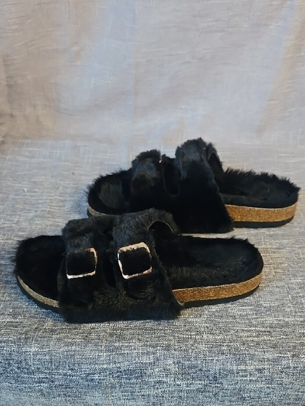 Women's Black Fuzzy Double-Buckle Slide Sandals - Picture 2 of 5